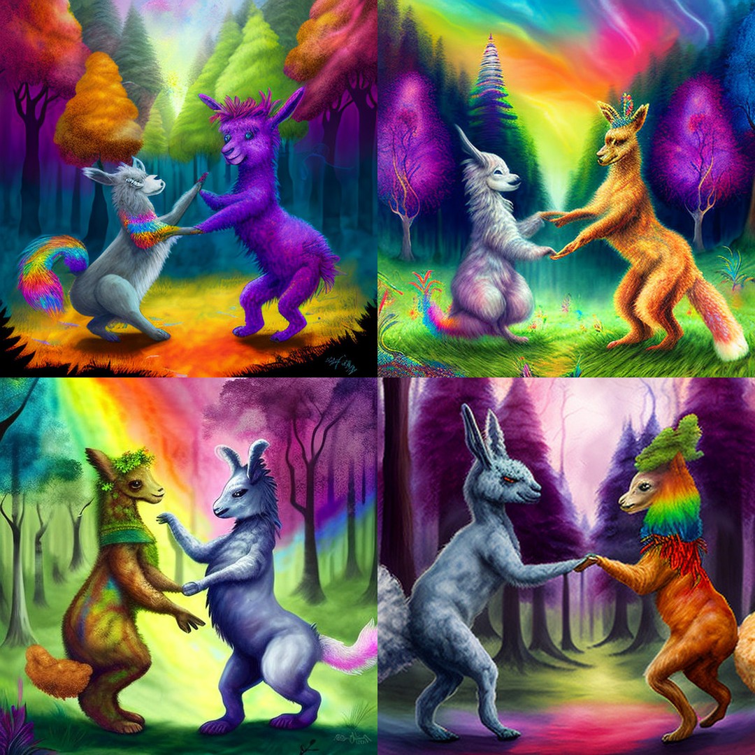 A tie dyed alpaca dancing in a forest with a mohawk holding hands with a kangaroo. #midjourney
