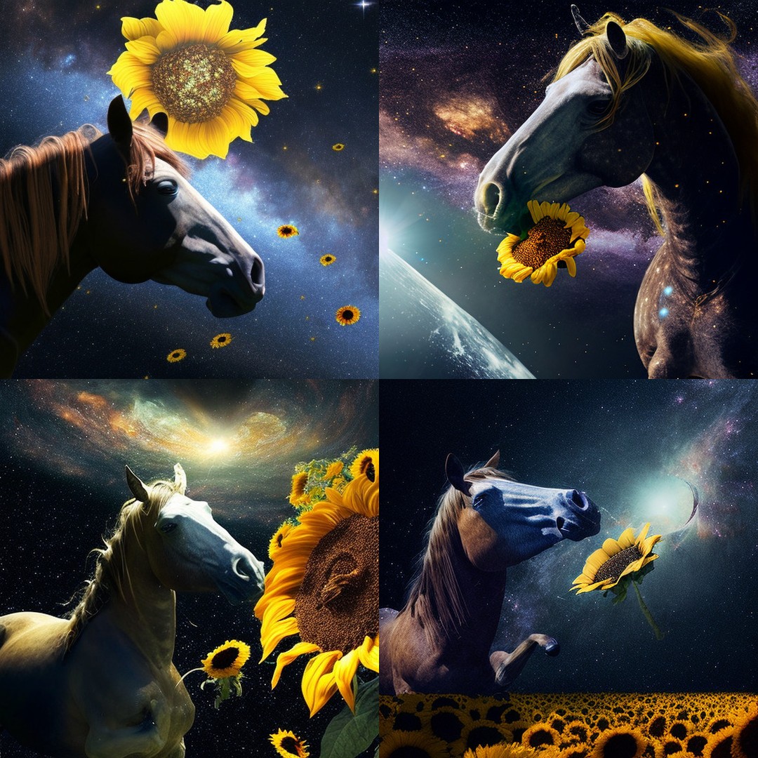 A horse eating a sunflower in space. #midjourney